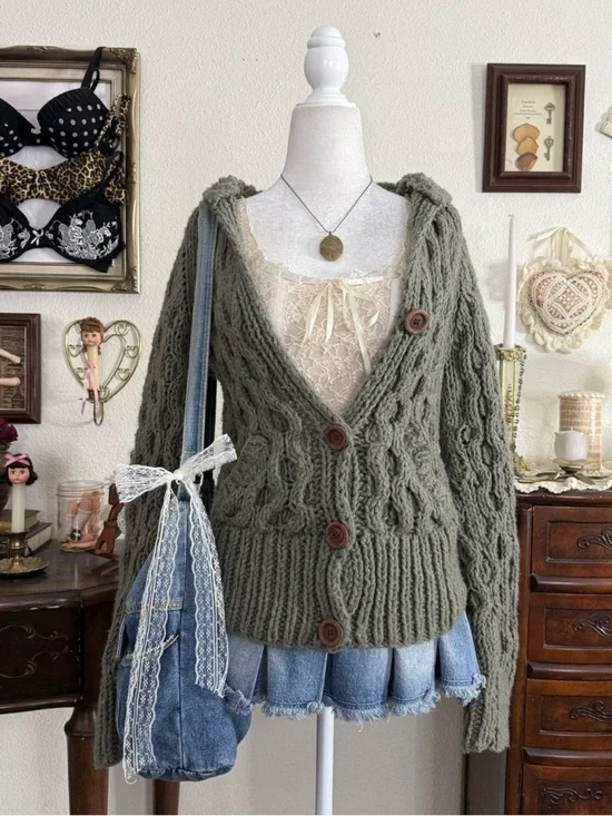 y2k cozy fairy grunge boho twee sage green chunky knit hooded cardigan w pockets - Picture 1 of 6